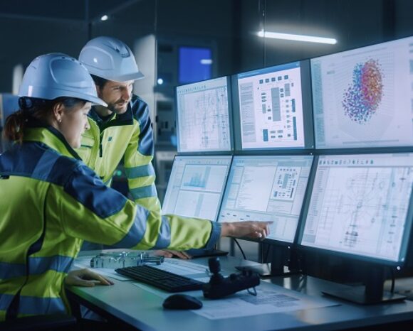 Industrieller Betrieb mit Ingenieuren im Gespräch vor Monitoren