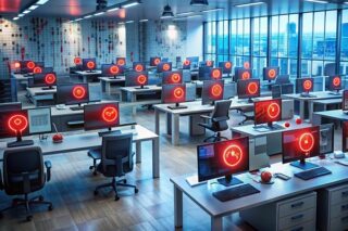 Visuelle Darstellung von einem Cybersecurity-Vorfall in einem Raum mit vielen Monitoren