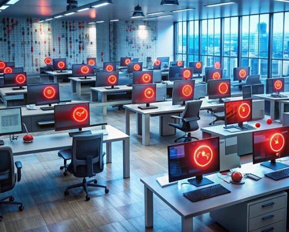 Visuelle Darstellung von einem Cybersecurity-Vorfall in einem Raum mit vielen Monitoren