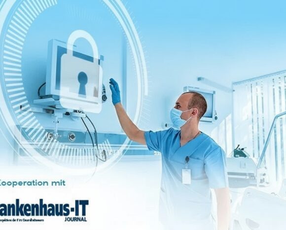 Bild Cybersecurity im Krankenhaus und Logo von Partner Krankenhaus-IT