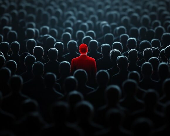 Eine Menge von Menschen und einen rot ausgeleuchteten, der hervorsticht