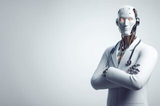 Cyborg-Arzt mit verschränkten Armen.