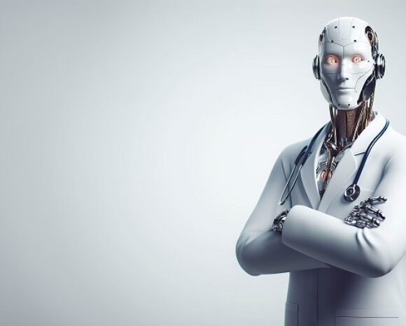 Cyborg-Arzt mit verschränkten Armen.