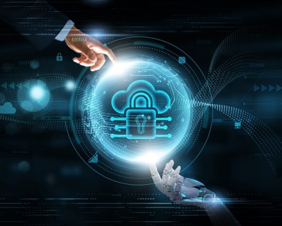Menschliche und Roboterhand berühren Cloud Security Symbol