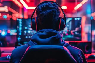 Gamer spielt Videospiel in leuchtendem Raum