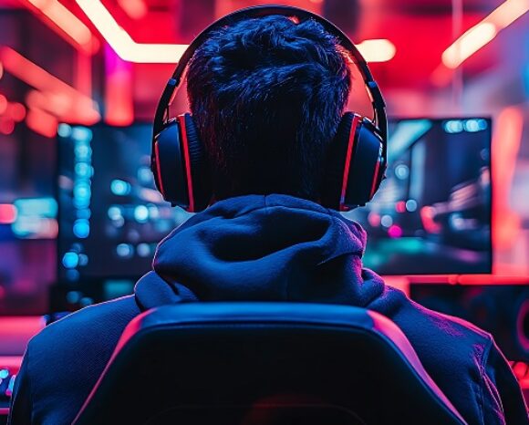 Gamer spielt Videospiel in leuchtendem Raum