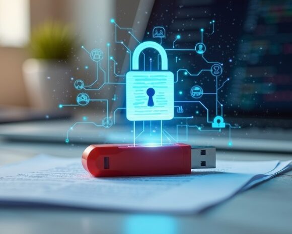 USB-Stick mit Cybersecurity-Symbol