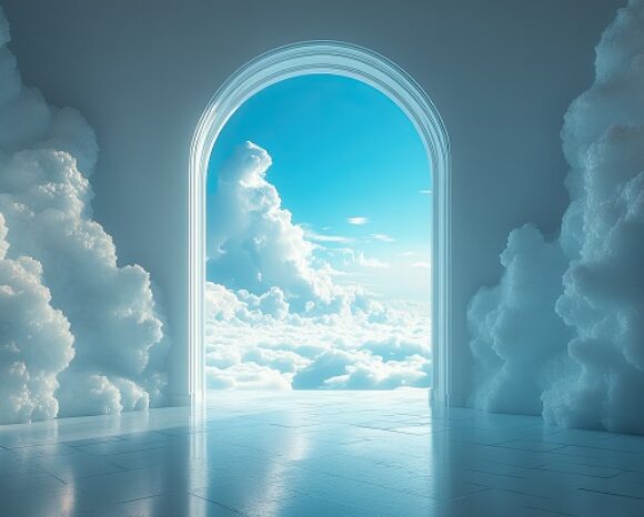 Offene Tür zwischen Wolken