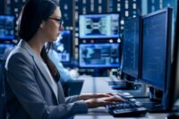 Weiblicher Controller arbeitet an zwei Monitoren