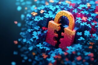 Puzzleteile, davor Cybersecurity-Symbol aus Puzzleteilen