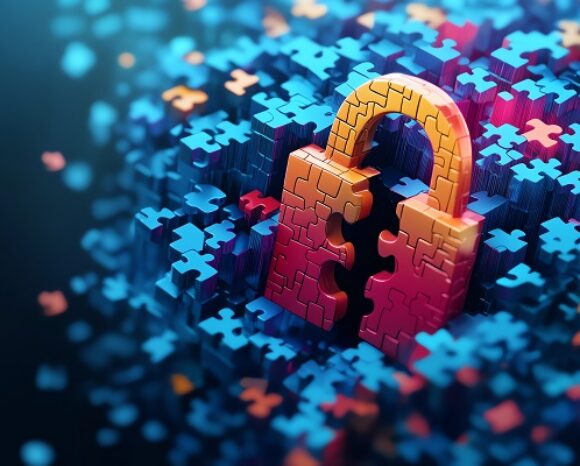 Puzzleteile, davor Cybersecurity-Symbol aus Puzzleteilen
