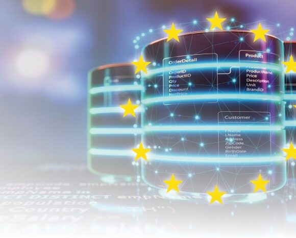 Symbolische Darstellung von Datenbanken mit Datenfeldern und EU-Sternen, die auf Datenschutz und Datenverarbeitung in der EU hinweisen.