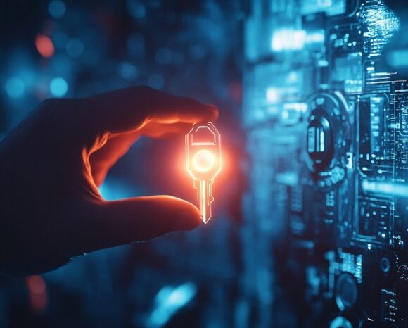 Eine Hand hält einen glühenden Schlüssel