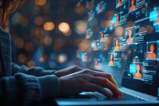 Frau tippt auf Tastatur, Symbole mit digitalen Identitäten