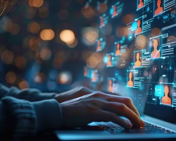 Frau tippt auf Tastatur, Symbole mit digitalen Identitäten