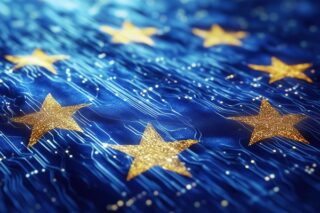 European Union flag with glowing stars and digital background effects