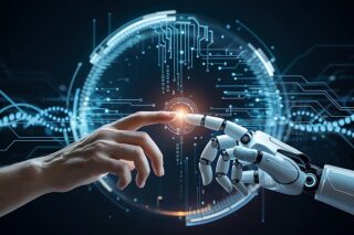 Mensch und Roboter berühren Finger