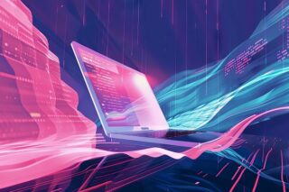 Abstrakte Darstellung von Phishing-Mails, die ein Laptop angreifen