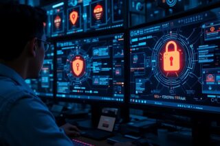 Security Experte vor Monitor mit Security-Symbolen