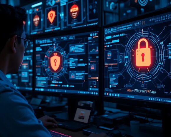 Security Experte vor Monitor mit Security-Symbolen