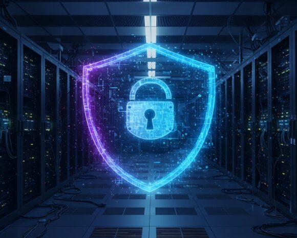 Digitales Schloss-Symbol in einem Rechenzentrum symbolisiert Cybersicherheit und Schutz sensibler Daten durch moderne IT-Sicherheitslösungen