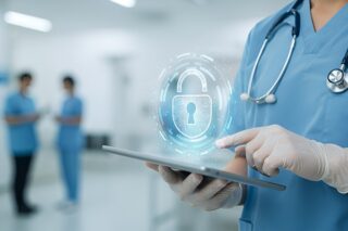 Patientensicherheit im Krankenhaus - Person mit Laptop und Cybersecurity-Symbol
