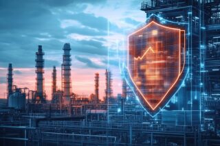 Fabrik mit einem großen Datenschutzicon im Vordergrund