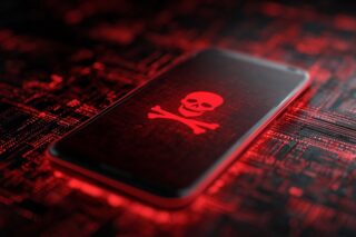 Smartphone im Warnmodus mit Totenkopfsymbol