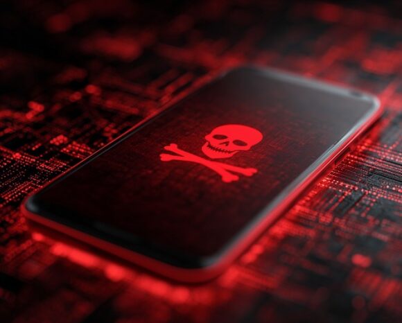 Smartphone im Warnmodus mit Totenkopfsymbol