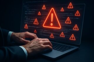 Person tippt ins Laptop. Rote Ausrufezeichen erscheinen