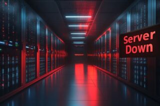 Rot leuchtendes Rechenzentrum mit Schild "Server Down"