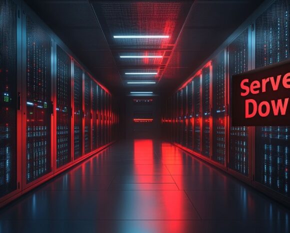 Rot leuchtendes Rechenzentrum mit Schild "Server Down"