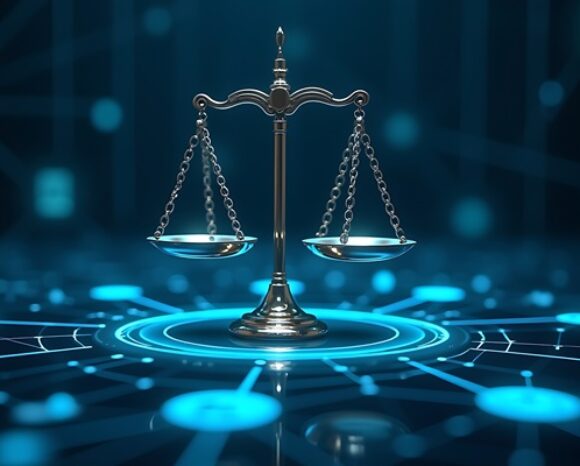 Waage mit digitalem Hintergrund