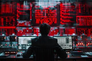 Foto von einem Geschäftsmann vor einem gehackten Computersystem