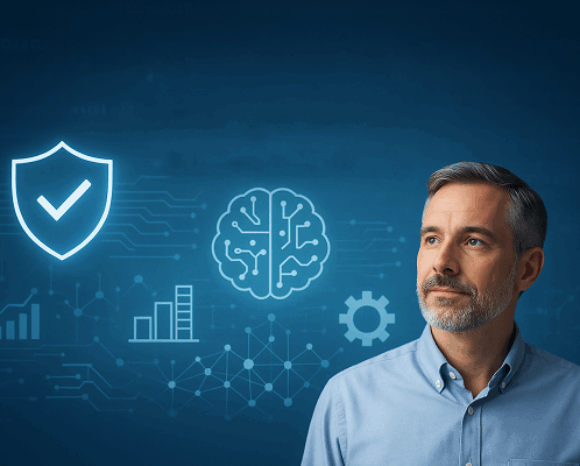 Porträt eines Mannes mit Symbolen (Häkchchen, Gehirn, Prozess, Statistk)