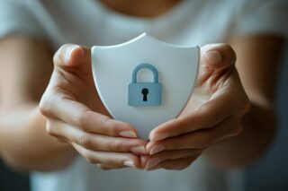 Frau hält ihre schützenden Hände um ein Datenschutz-Symbol