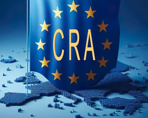 CRA-Aufschrift auf EU-Flagge vor Silhouette von Europa