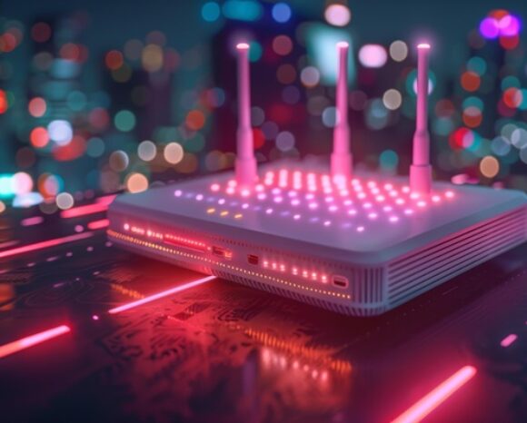 Moderner WLAN-Router mit leuchtenden Antennen und bunten Bokeh-Lichtern im Hintergrund symbolisiert schnelle Internetverbindung und digitale Vernetzung.