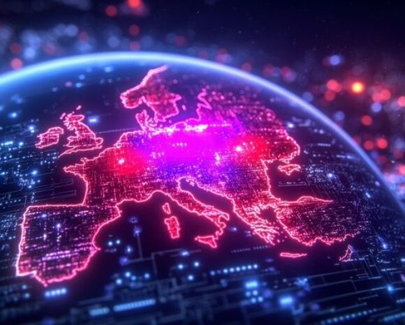 Digitale Darstellung von Europa auf einem Globus mit leuchtenden Netzwerkverbindungen in Pink und Blau, symbolisiert Digitalisierung, Vernetzung und Technologie in Europa