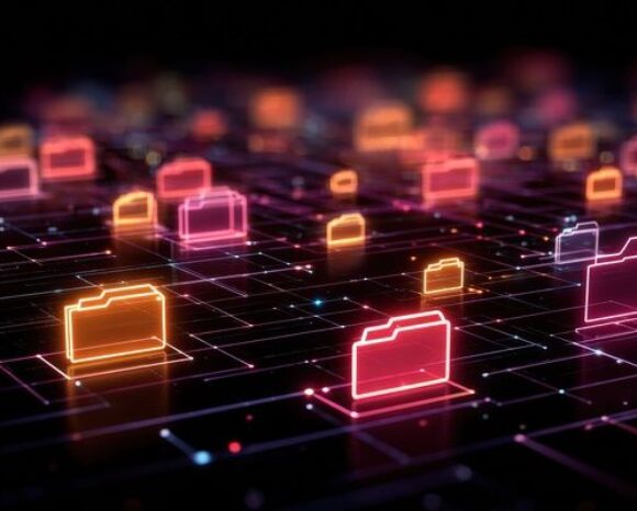 Leuchtende digitale Ordner-Icons in orange und pink auf vernetztem Datengitter symbolisieren Cloud-Speicher und Dateiverwaltung