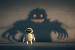Kleiner weißer Roboter mit rundem Display wirft einen großen bedrohlichen Schatten mit leuchtenden Augen und Zähnen – Symbolbild für Künstliche Intelligenz, Technologie-Risiken und die Dualität von KI