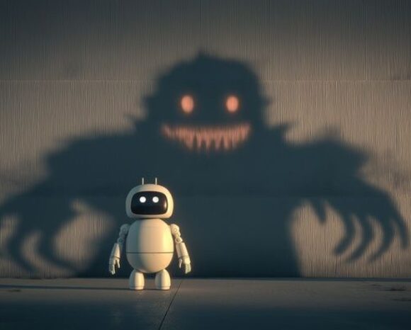 Kleiner weißer Roboter mit rundem Display wirft einen großen bedrohlichen Schatten mit leuchtenden Augen und Zähnen – Symbolbild für Künstliche Intelligenz, Technologie-Risiken und die Dualität von KI