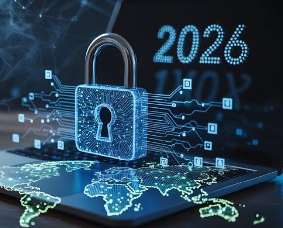 Cybersecurity 2026 - Digitales Schloss auf Laptop mit Netzwerksicherheit und Datenschutz-Technologie