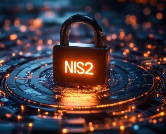 Digitales Vorhängeschloss mit NIS2-Aufschrift auf futuristischer Platine symbolisiert IT-Sicherheit und Cybersecurity-Richtlinie