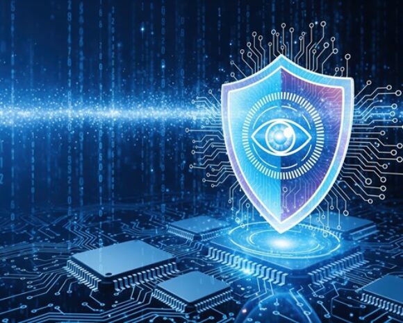 Leuchtendes Cybersecurity-Schild mit eine Auge