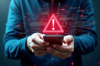 Mann nutzt Smartphone - rotes Ausrufezeichen darüber