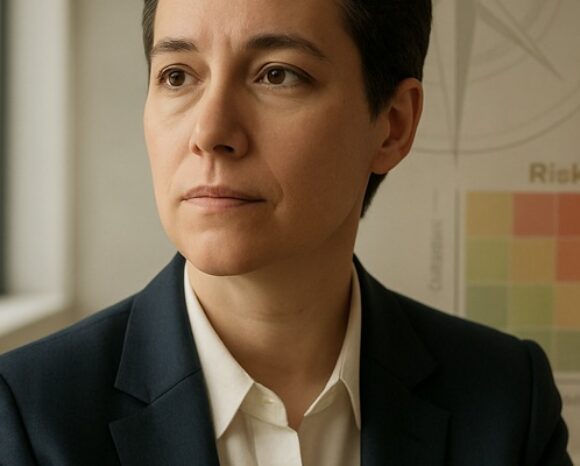 Frau mit Grafik im Hintergrund