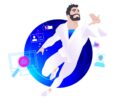 Illustration eines Superhelden mit Bart und weißem Anzug, der vor einem digitalen Hintergrund fliegt. Um ihn herum sind Symbole für Sicherheit und Technologie zu sehen, wie beispielsweise Benutzerprofile und eine Lupe, die einen Fehler untersucht.