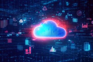 Leuchtende Cloud-Computing-Grafik in pink und cyan mit digitalen Netzwerk-Icons und Datenvisualisierung auf dunklem technologischem Hintergrund