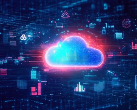 Leuchtende Cloud-Computing-Grafik in pink und cyan mit digitalen Netzwerk-Icons und Datenvisualisierung auf dunklem technologischem Hintergrund